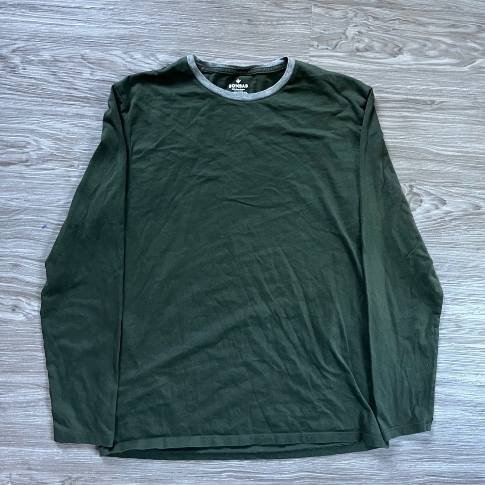 Bombas Mens Pima Cotton Long Sleeve Ringer Tee Shirt Green Grey Small SKU355